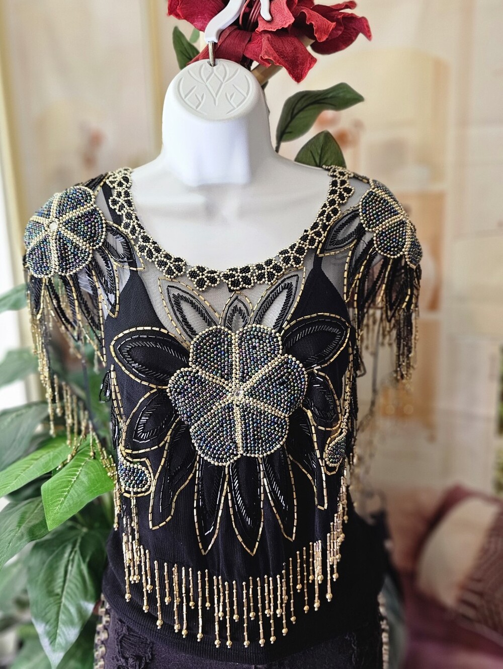 Beaded Mesh Capelet Poncho Black Gold Iridescent Floral Fringe Gatsby Dance